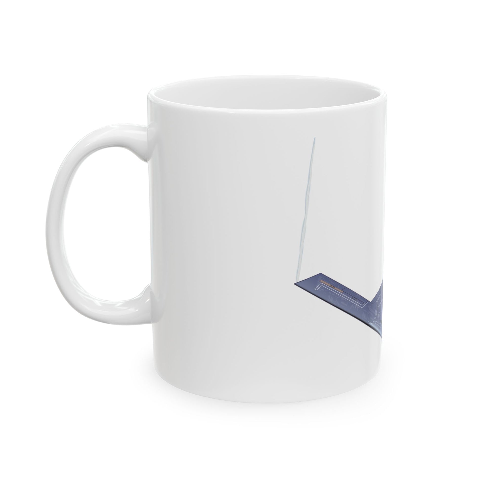Durable white ceramic mug showcasing the B-21 Raider stealth bomber, perfect for aviation enthusiasts, available in 11oz and 15oz sizes.