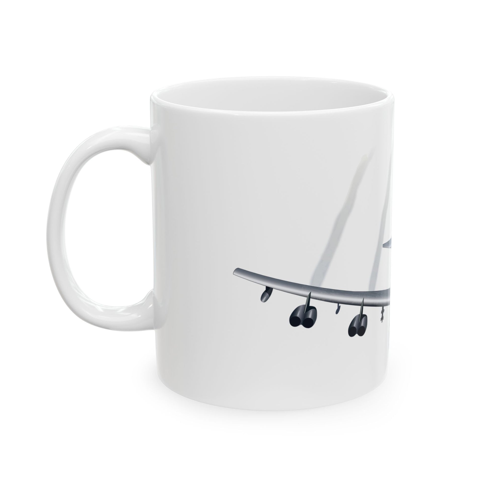 White ceramic mug featuring a striking design of the B-52 Stratofortress, available in 11oz and 15oz sizes, perfect for aviation lovers and collectors.