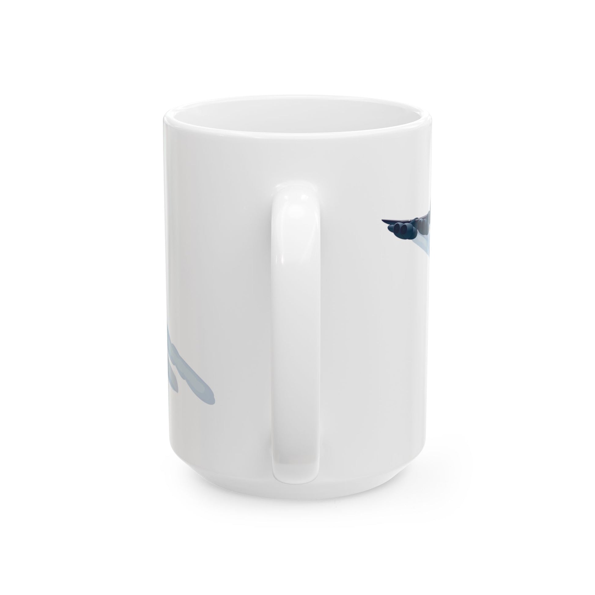 White ceramic mug with a commemorative design celebrating the B-52 Stratofortress, ideal for aviation enthusiasts, available in 11oz and 15oz sizes.
