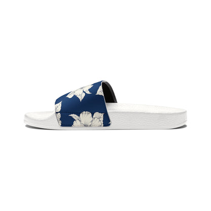 "Classic White Hibiscus in Blue" Women's Slide Sandals