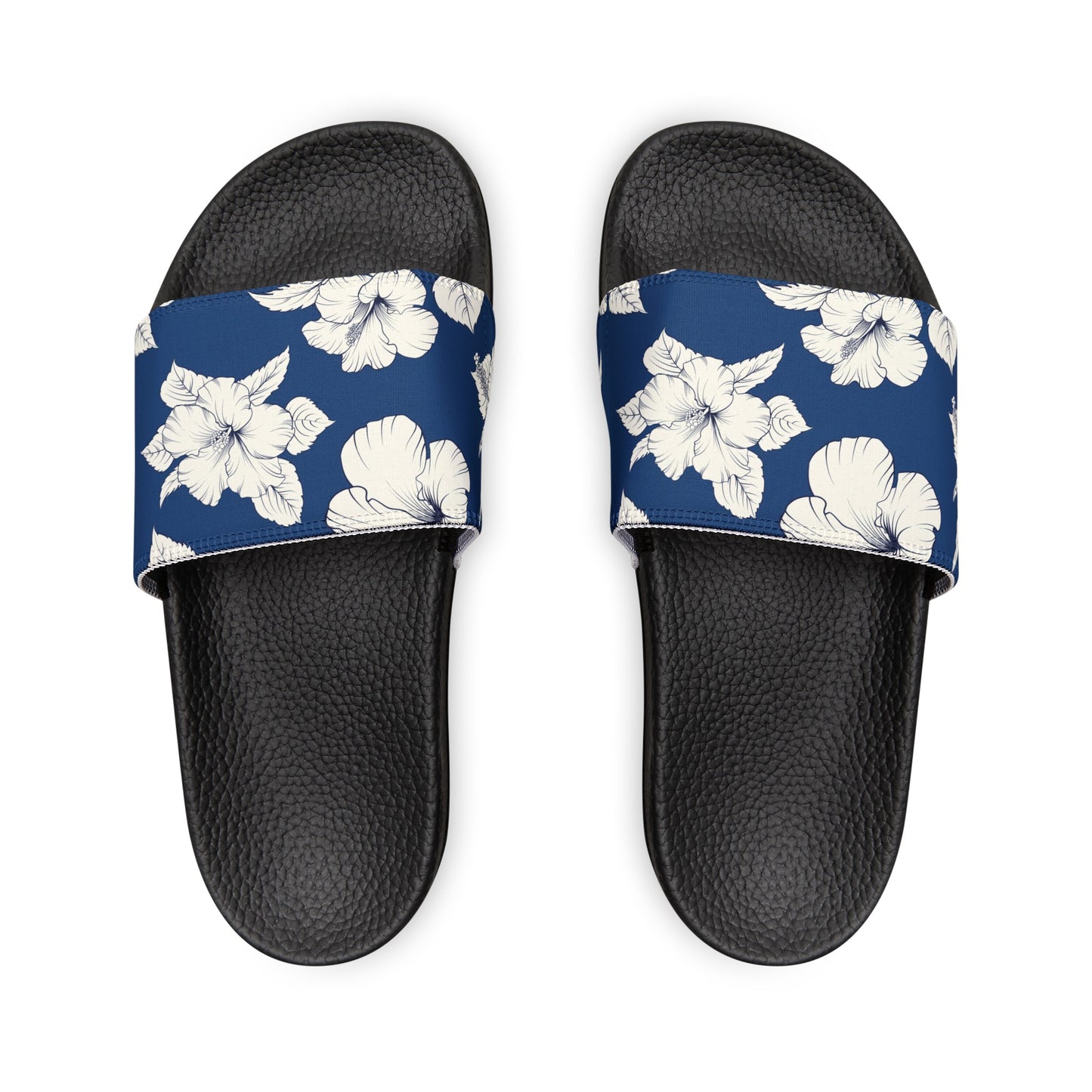 "Classic White Hibiscus in Blue" Women's Slide Sandals