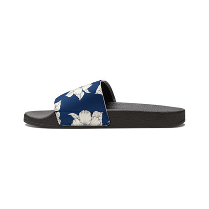 "Classic White Hibiscus in Blue" Women's Slide Sandals