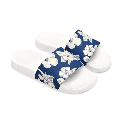 "Classic White Hibiscus in Blue" Women's Slide Sandals