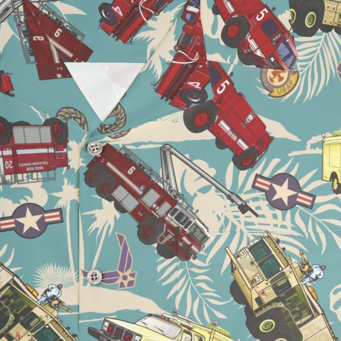 Hawaiian Shirt - "Chanute Era Crash Trucks" - Light Blue in Cotton