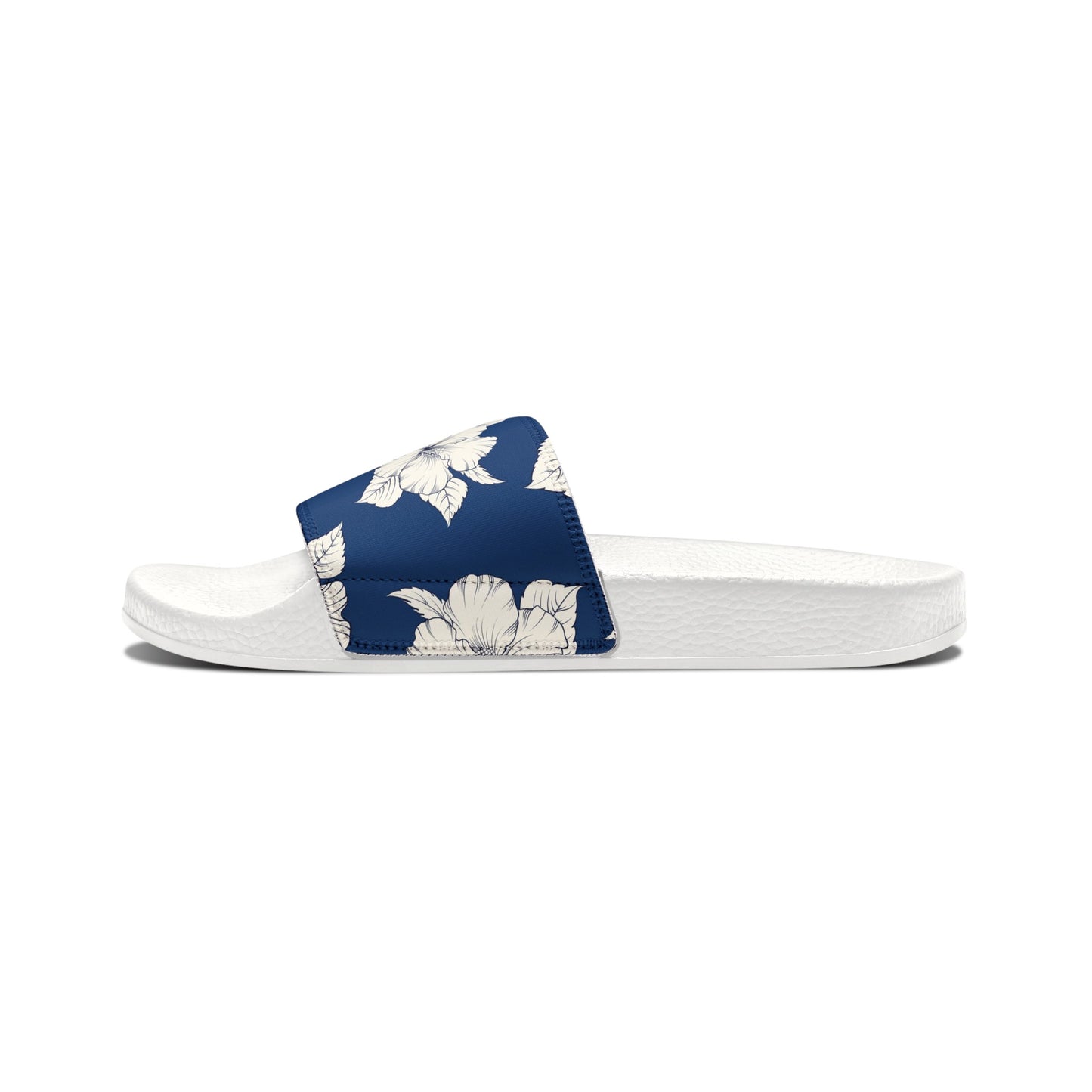 "Classic White Hibiscus in Blue" Women's Slide Sandals