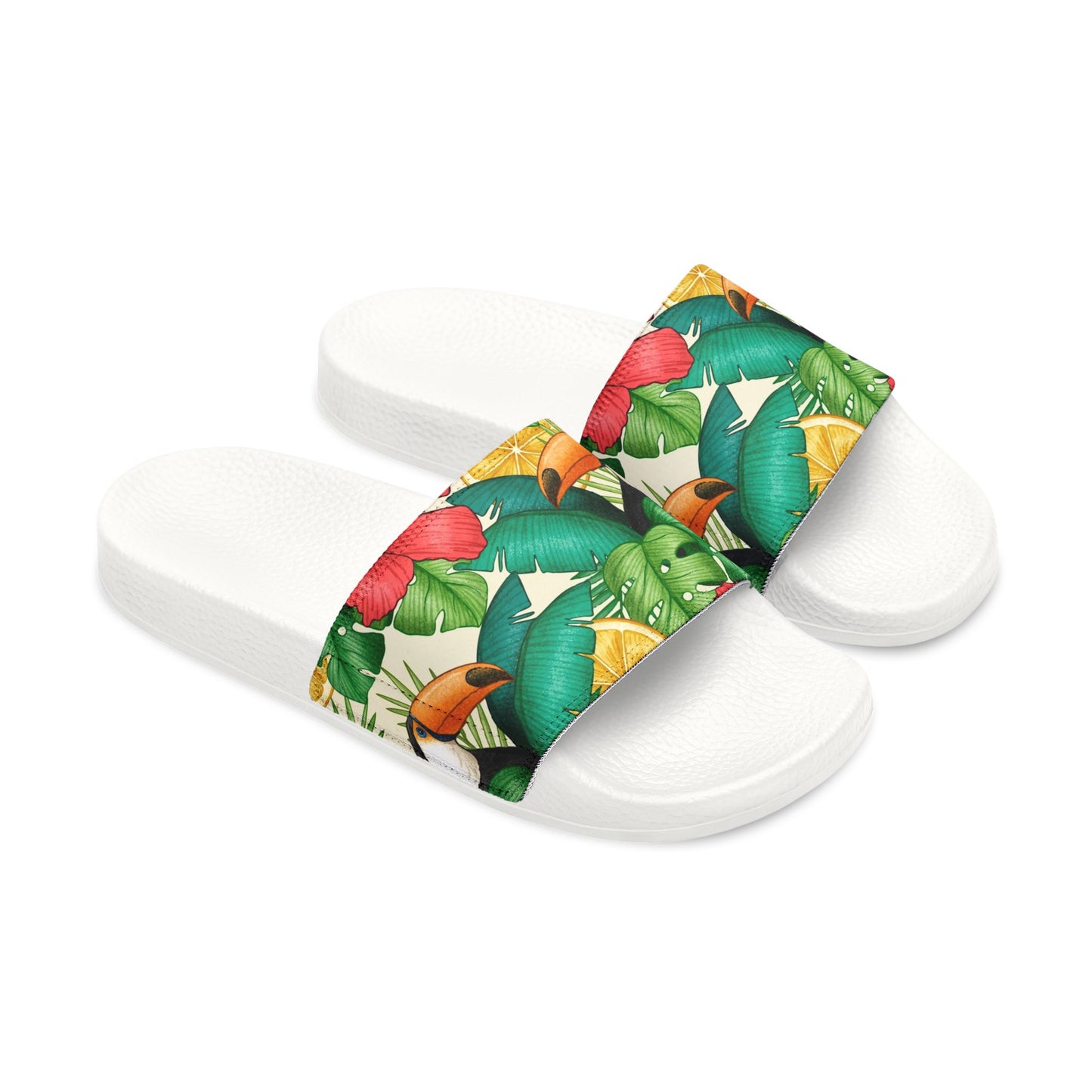 "Toucans Hiding in Hibiscus" Women's Beach Sandals