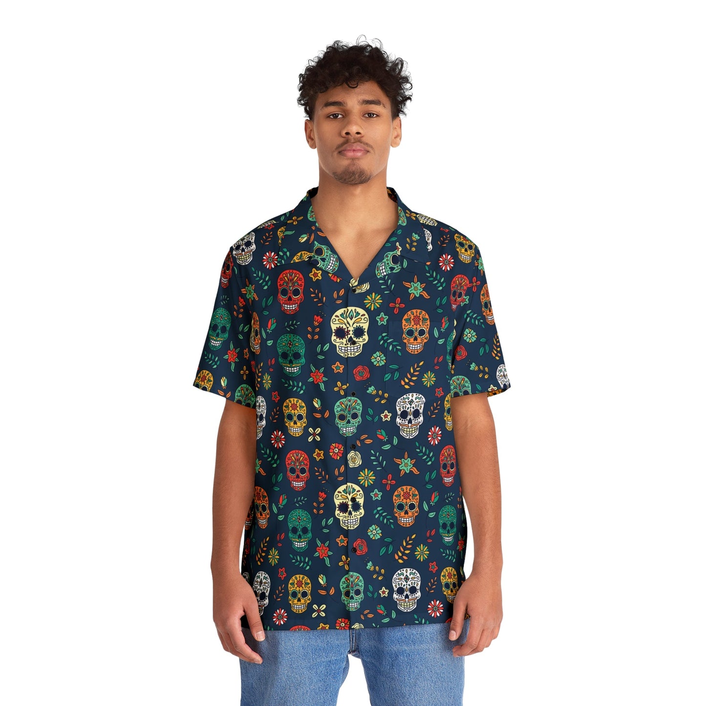 "Midnight Sugar Skulls" Cotton Button-Up Shirt