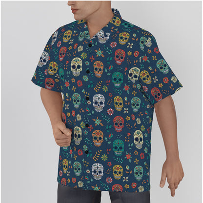 "Midnight Sugar Skulls" Cotton Button-Up Shirt