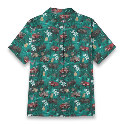 Hawaiian Shirt - "The Goodfellow Era ARFF Trucks" - Turquoise 100% Cotton