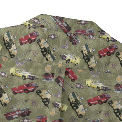 Hawaiian Shirt - "Chanute Era Crash Trucks" - Olive Green 100% Cotton