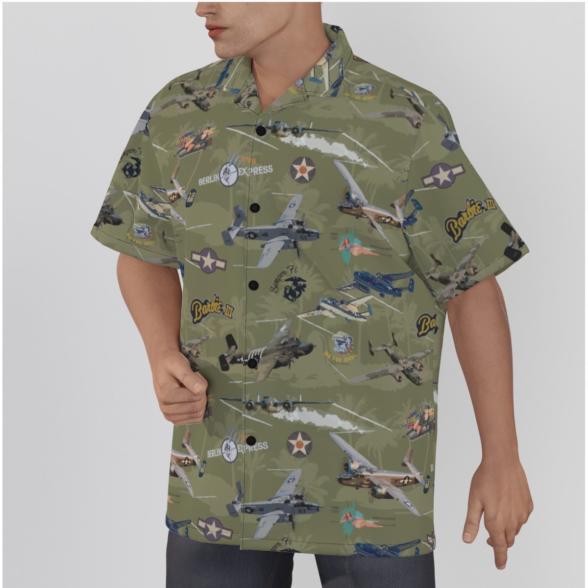 "B-25 Mitchell Tribute" Hawaiian Shirt Cotton - Olive