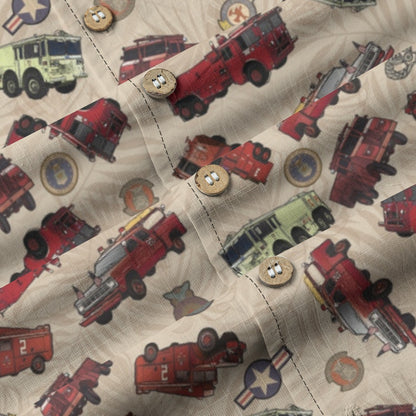 Hawaiian Shirt - "Vietnam Era Crash Trucks" - Beige 100% Cotton