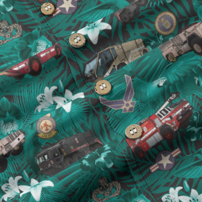Hawaiian Shirt - "The Goodfellow Era ARFF Trucks" - Turquoise 100% Cotton