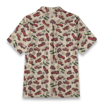 Hawaiian Shirt - "Vietnam Era Crash Trucks" - Beige 100% Cotton
