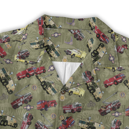 Hawaiian Shirt - "Chanute Era Crash Trucks" - Olive Green 100% Cotton
