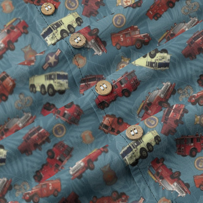 Hawaiian Shirt - "Vietnam Era Crash Trucks" - Light Blue 100% Cotton