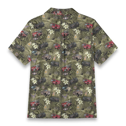 Hawaiian Shirt - "The Goodfellow Era ARFF Trucks" - Olive Green 100% Cotton