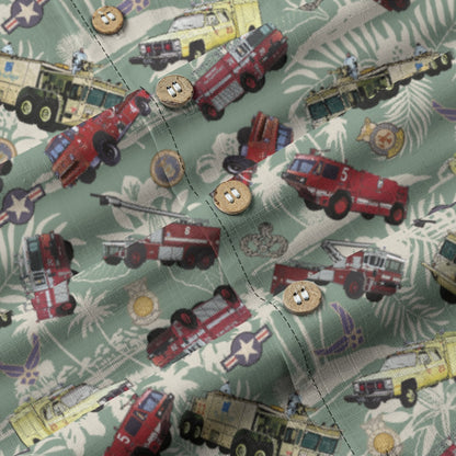 Hawaiian Shirt - "Chanute Era Crash Trucks" - Light Green 100% Cotton