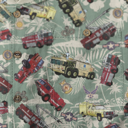Hawaiian Shirt - "Chanute Era Crash Trucks" - Light Green 100% Cotton