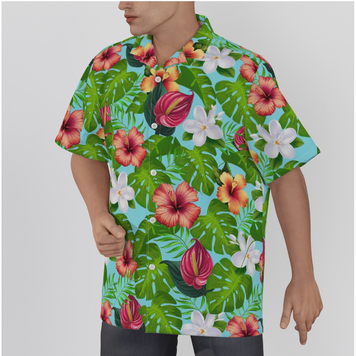 "Jungle Odyssey: Celadon Blue" Hawaiian Shirt - Cotton