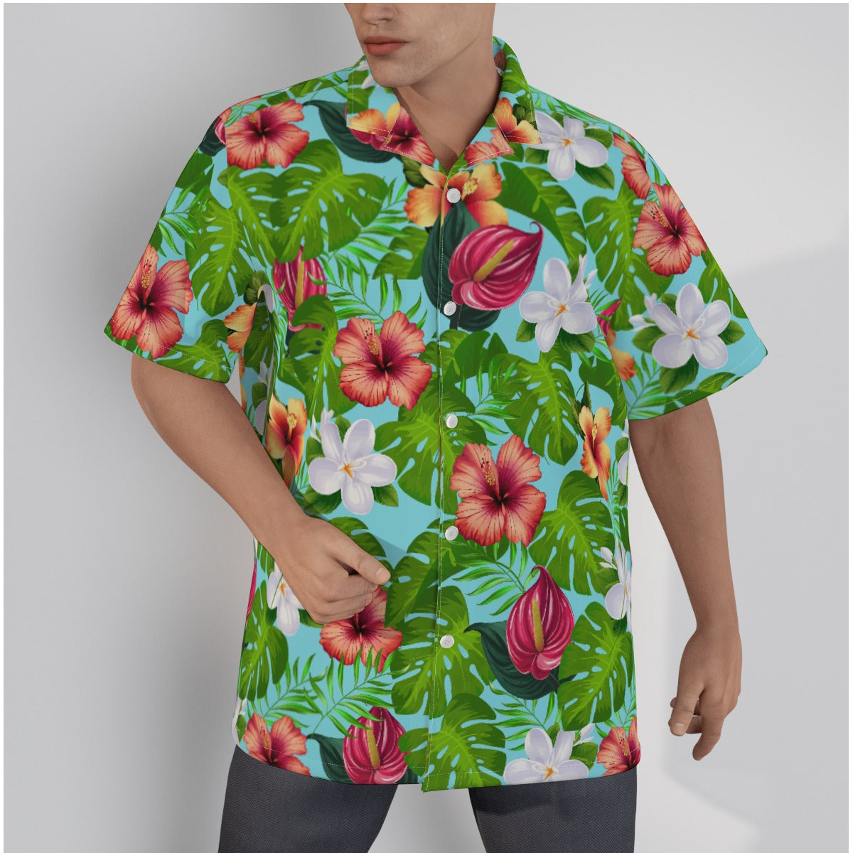 "Jungle Odyssey: Celadon Blue" Hawaiian Shirt - Cotton