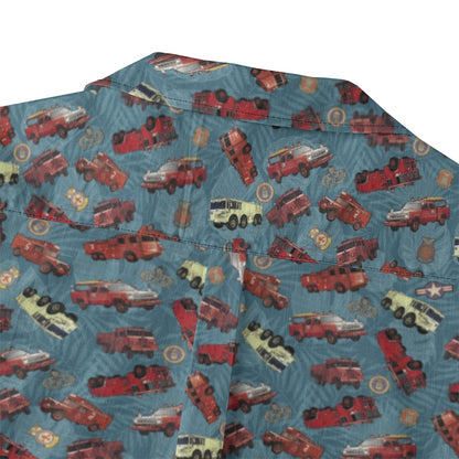 Hawaiian Shirt - "Vietnam Era Crash Trucks" - Light Blue 100% Cotton