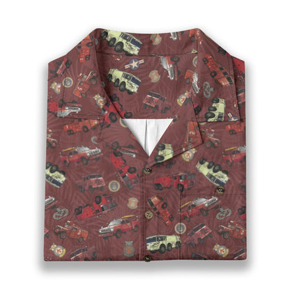 Hawaiian Shirt - "Vietnam Era Crash Trucks" - Red 100% Cotton