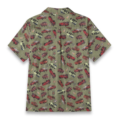 Hawaiian Shirt - "Vietnam Era Crash Trucks" - Olive Green 100% Cotton