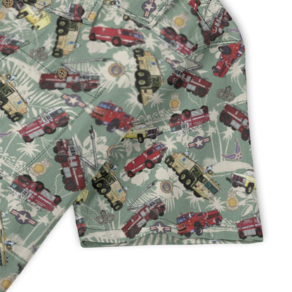 Hawaiian Shirt - "Chanute Era Crash Trucks" - Light Green 100% Cotton