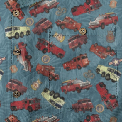 Hawaiian Shirt - "Vietnam Era Crash Trucks" - Light Blue 100% Cotton