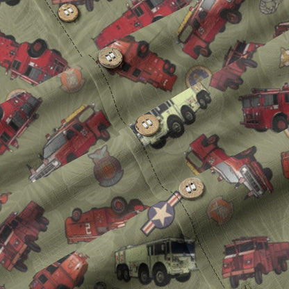Hawaiian Shirt - "Vietnam Era Crash Trucks" - Olive Green 100% Cotton