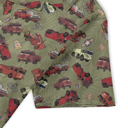 Hawaiian Shirt - "Vietnam Era Crash Trucks" - Olive Green 100% Cotton