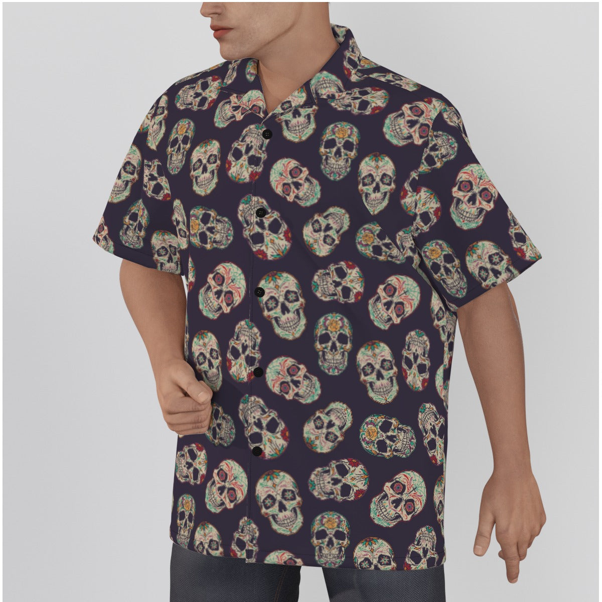 "Dia de Muertos Darkness" Cotton Button-Up Shirt