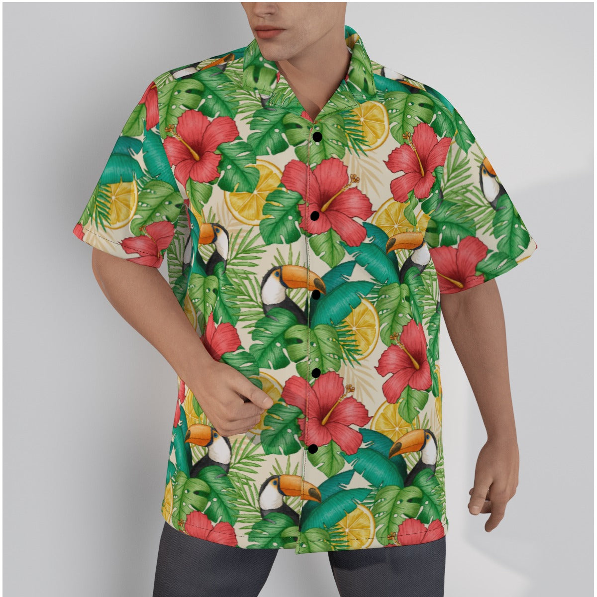 "Toucans Hiding in Hibiscus" Hawaiian Shirt - Cotton