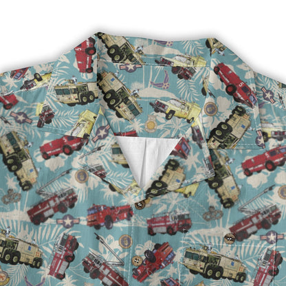 Hawaiian Shirt - "Chanute Era Crash Trucks" - Light Blue 100% Cotton