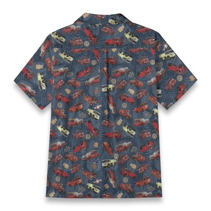 Hawaiian Shirt - "Vietnam Era Crash Trucks" - Dark Blue 100% Cotton