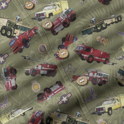 Hawaiian Shirt - "Chanute Era Crash Trucks" - Olive Green 100% Cotton
