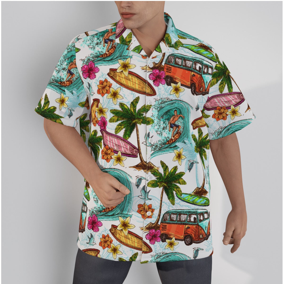 "Microbus and Surfboards" Hawaiian Shirt - Cotton