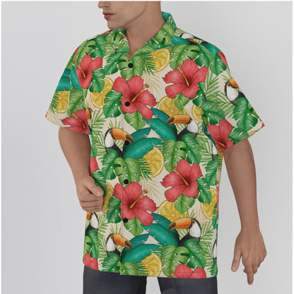 "Toucans Hiding in Hibiscus" Hawaiian Shirt - Cotton