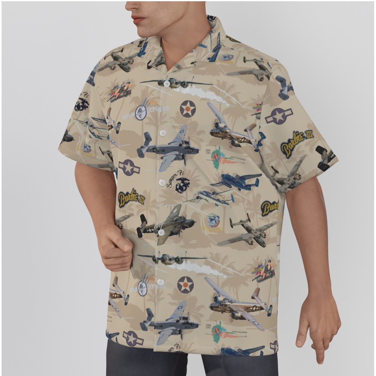 "B-25 Mitchell Tribute" Hawaiian Shirt Cotton - Cream