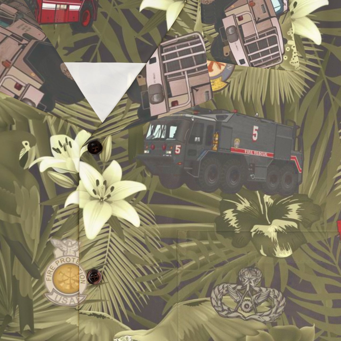 Hawaiian Shirt - "The Goodfellow Era ARFF Trucks" - Olive in Cotton