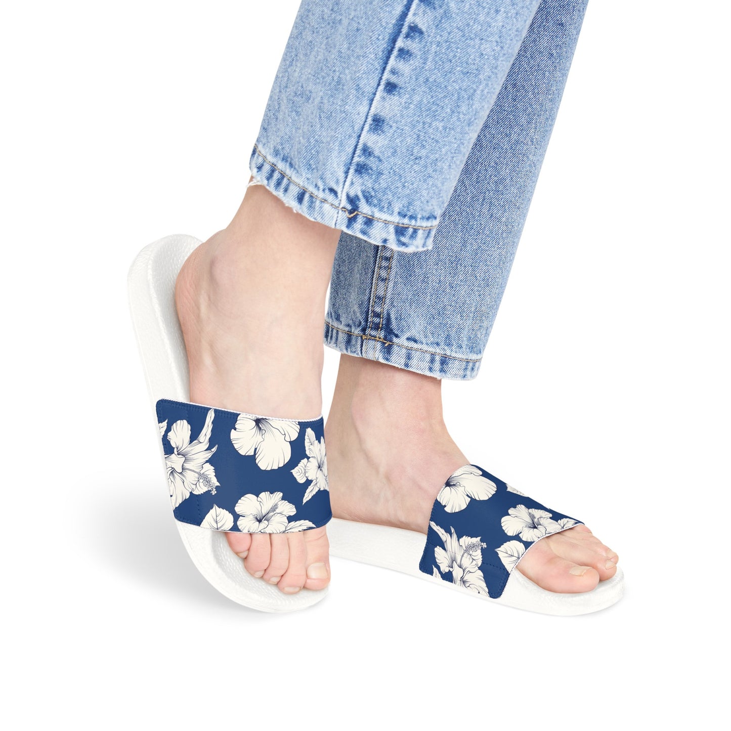 "Classic White Hibiscus in Blue" Women's Slide Sandals