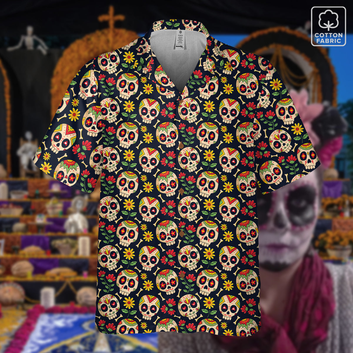 "Sugar Skull Fiesta" Cotton Button-Up Shirt