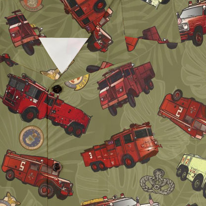 Hawaiian Shirt - "Vietnam Era Crash Trucks" - Olive Green in Cotton