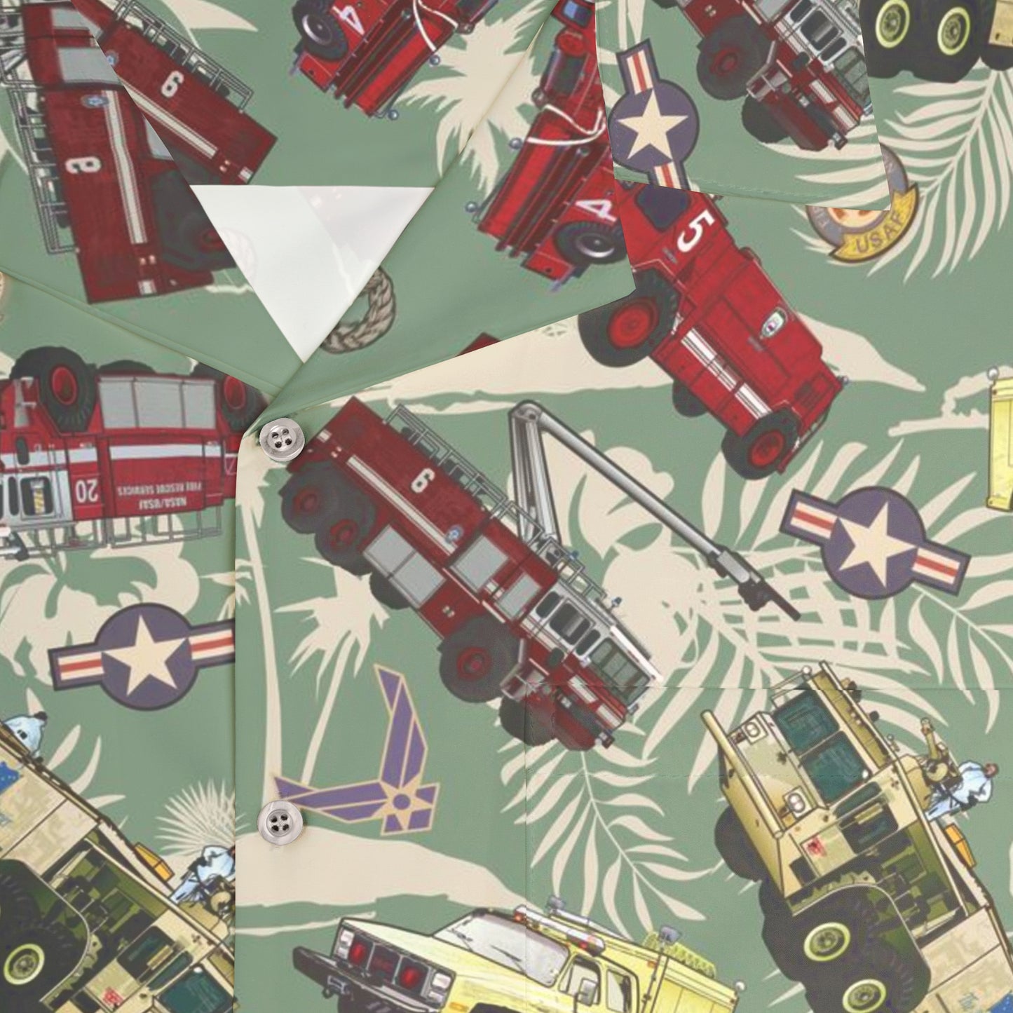 Hawaiian Shirt - "Chanute Era Crash Trucks" - Light Green in Cotton