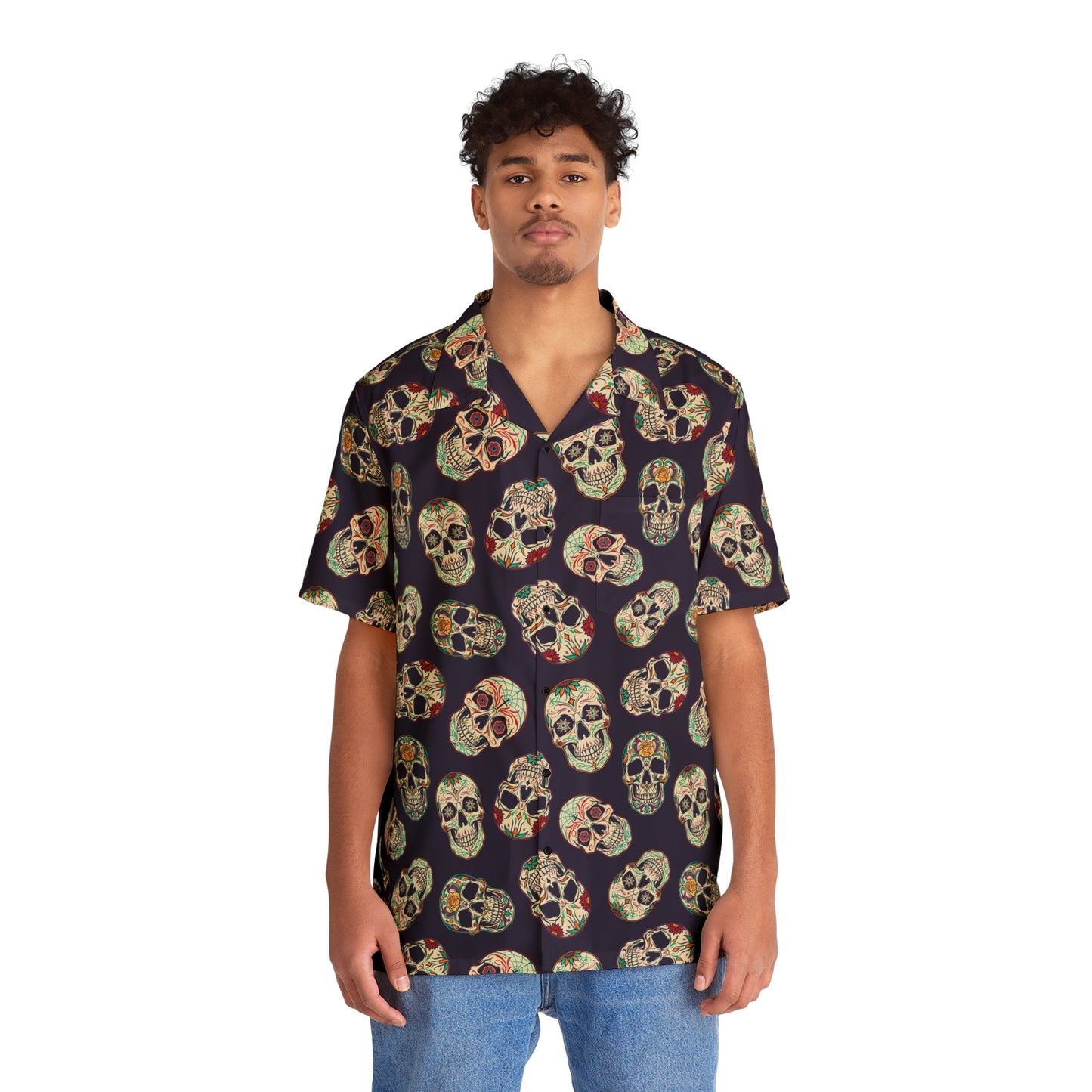 "Dia de Muertos Darkness" Cotton Button-Up Shirt