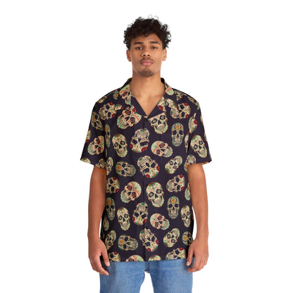 "Dia de Muertos Darkness" Cotton Button-Up Shirt