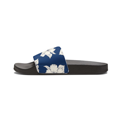 "Classic White Hibiscus in Blue" Women's Slide Sandals