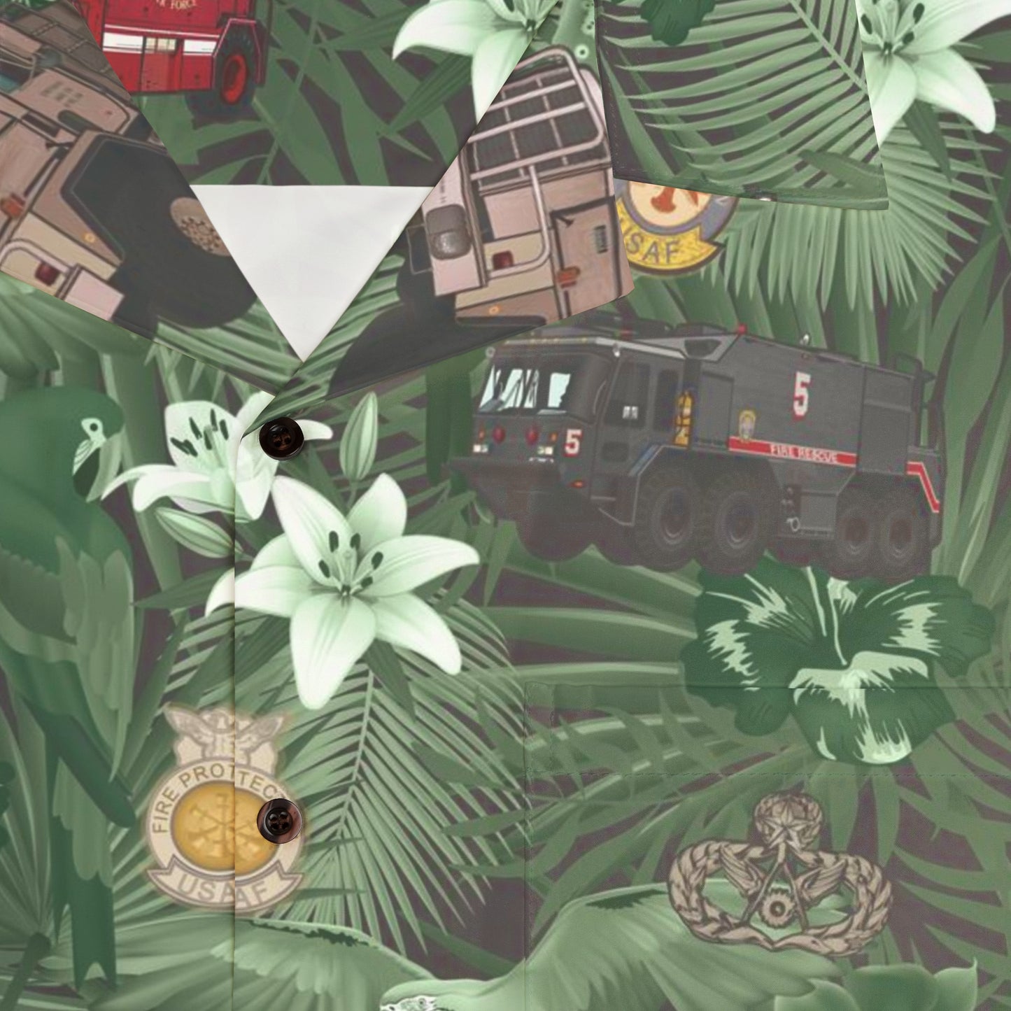 Hawaiian Shirt - "The Goodfellow Era ARFF Trucks" - Green in Cotton