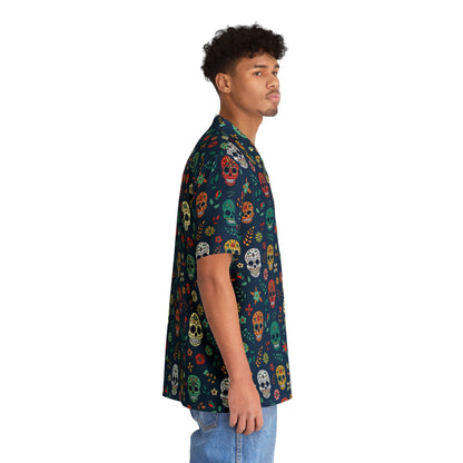 "Midnight Sugar Skulls" Cotton Button-Up Shirt